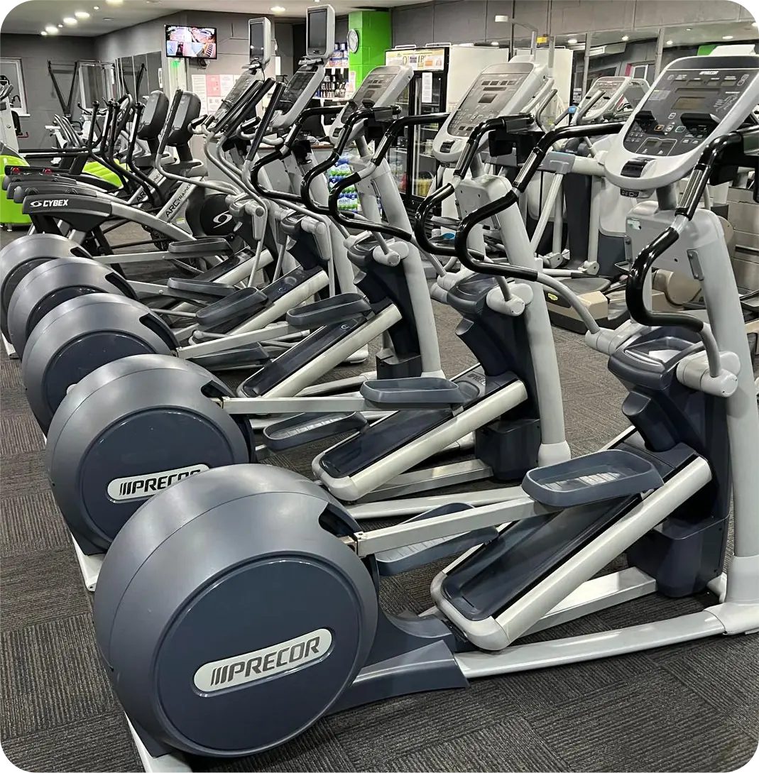 Rows of Precor cross-trainers on the gym floor at Bodytone