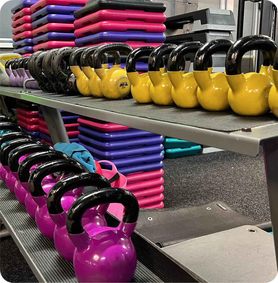 Colourful kettlebells and step platforms
